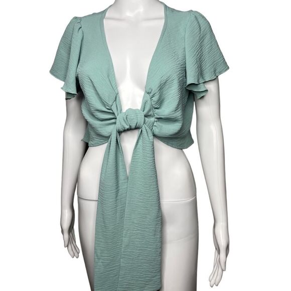 Altar'd State Flutter Sleeve Front Tie Top Green Size Small - Picture 3 of 5